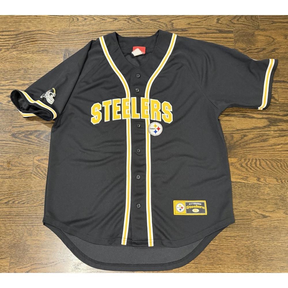 PITTSBURGH STEELERS BASEBALL JERSEY NFL MENS LARGE FOOTBALL STITCHED BUTTON UP